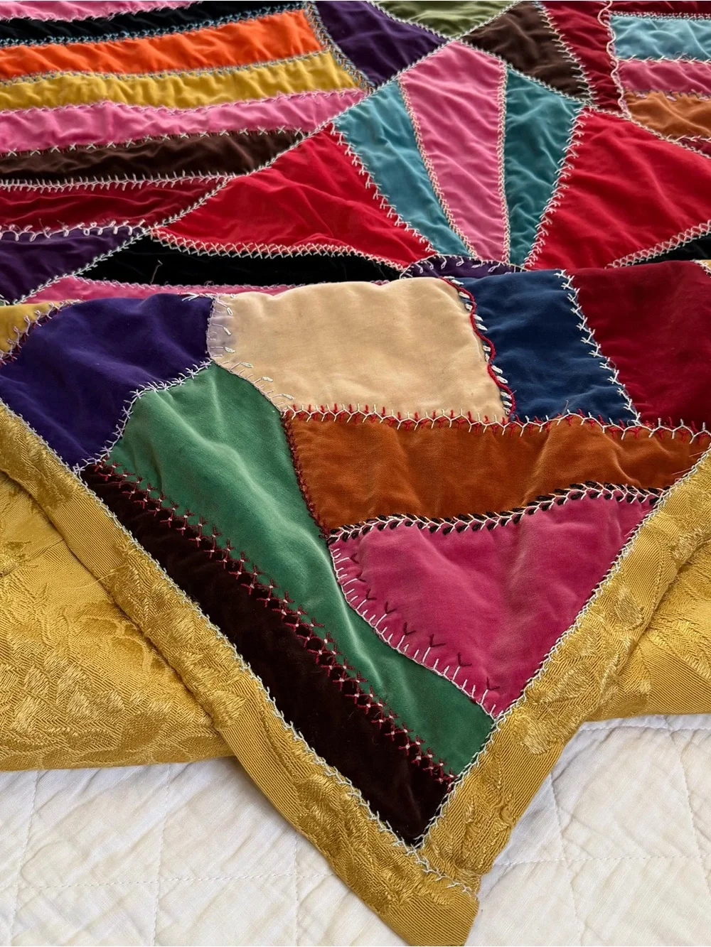 Vintage Crazy Patch Velvet Quilt 66x84 Hand Embroidered Boho Victorian